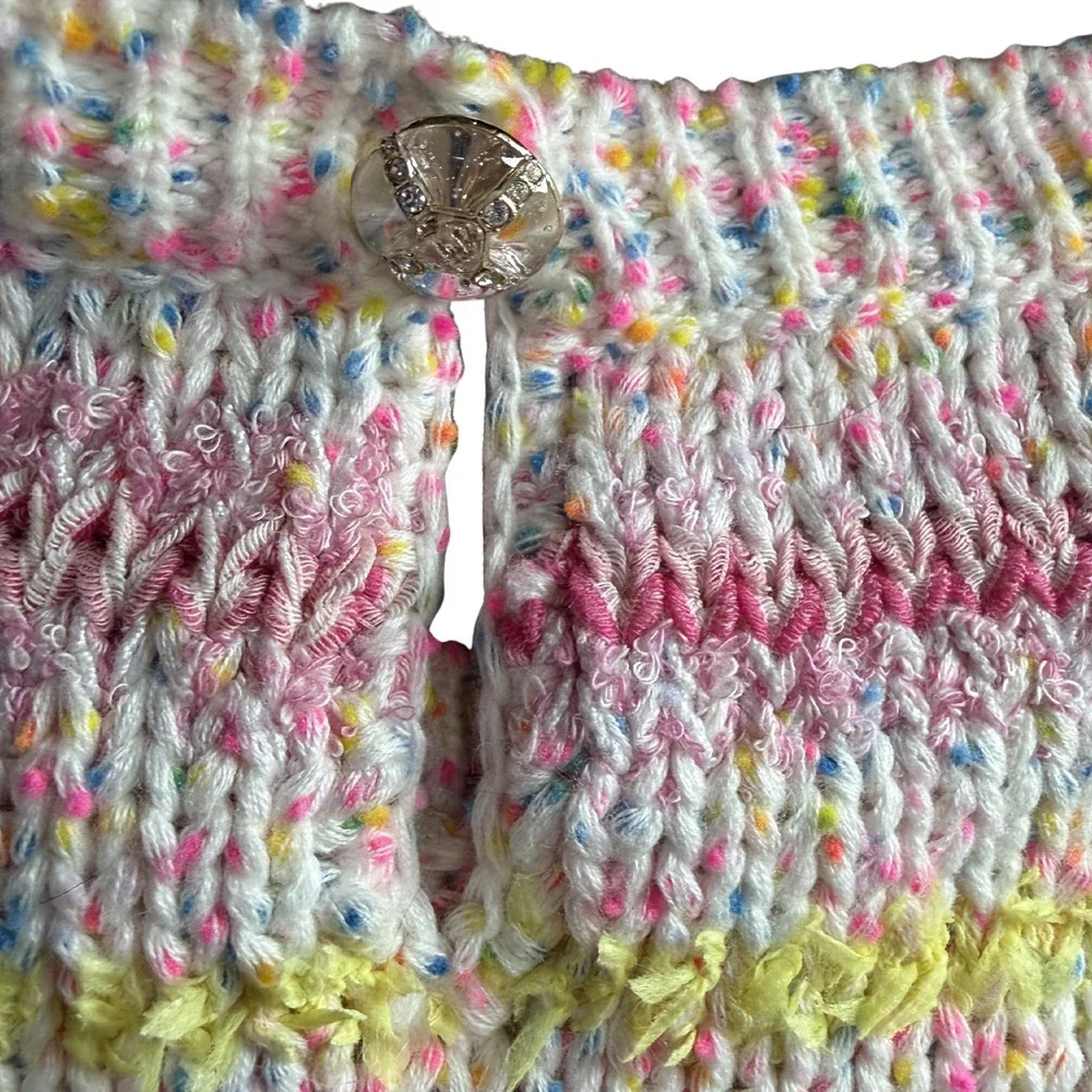 Chanel Heart Motif Pink Yellow Striped Knit Short Sleeve Sweater
